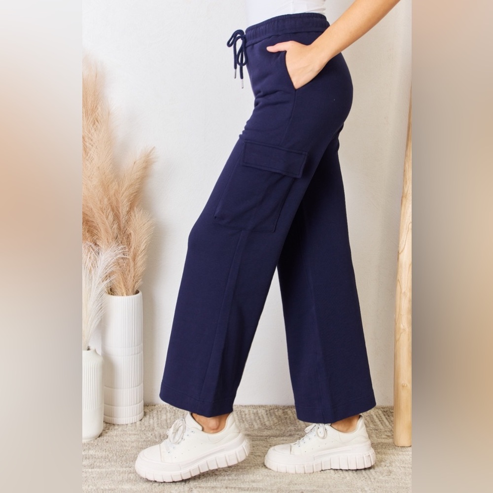 NEW RISEN Navy Blue High Waisted Cargo Pocket Wide Leg Lounge Pants Sweatpants - Picture 3 of 5